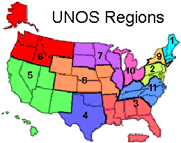 Map of the United States showing the UNOS Regions